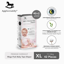 APPLECRUMBY 100% CHLORINE FREE PREMIUM OVERNIGHT BABY DIAPERS TAPE MEGA PACK XL40+2 for 11-16KG