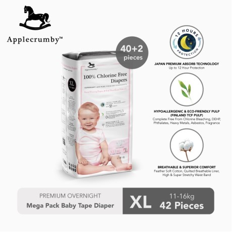 APPLECRUMBY 100% CHLORINE FREE PREMIUM OVERNIGHT BABY DIAPERS TAPE MEGA PACK XL40+2 for 11-16KG