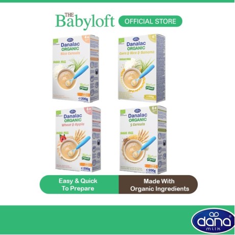 Danalac Organic Baby Cereal 5 Wheat & Apple/Corn & Rice & Banana/Rice (200g)