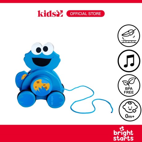 Bright Starts Sesame Street Snack & Stroll Cookie Monster Wooden Baby Pull Toy, Ages 12-36 Months