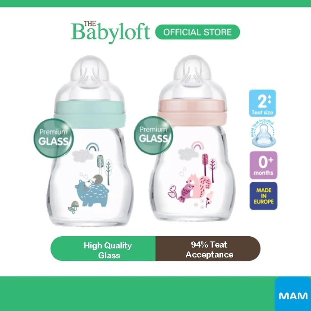 ￼MAM Feel Good Glass Bottle (170ml), Premium Baby Glass Bottle with Slow Flow Silicone Teat