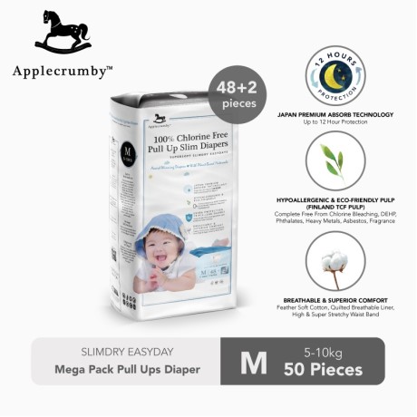 APPLECRUMBY 100% CLORINE FREE PULL UP BABY SLIM DIAPERS PULL UP DIAPERS M48+2 for 5-10KG