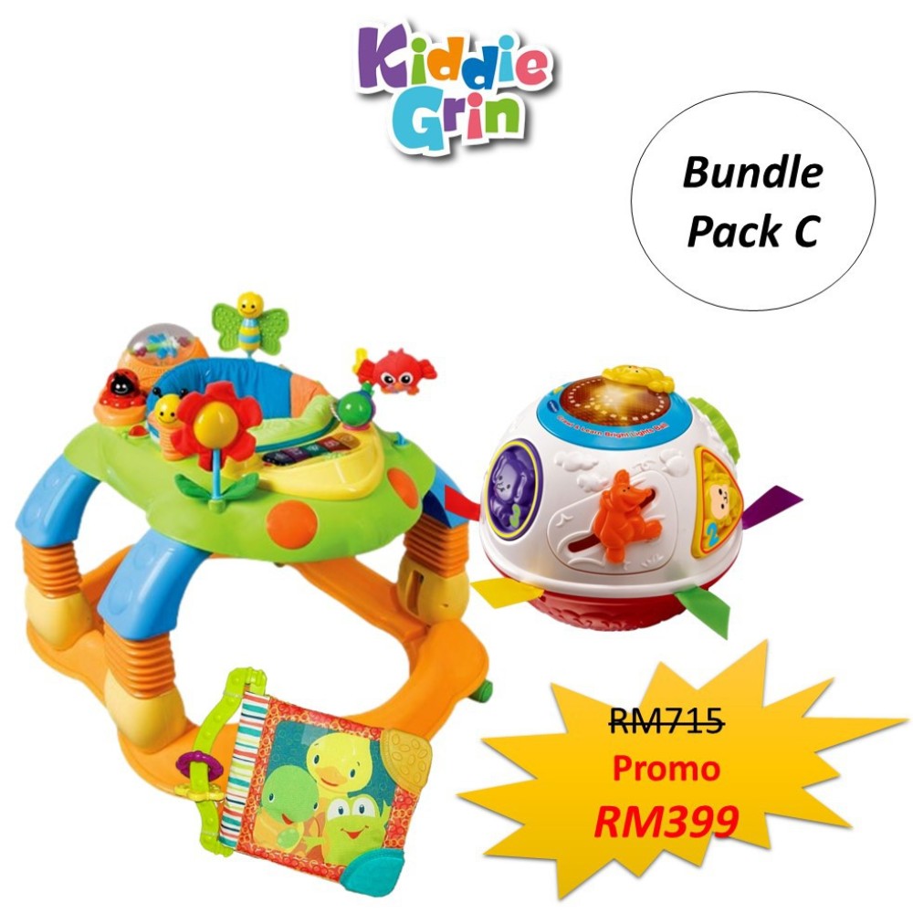 [ Bundle Pack C ] Little Bean Premium One 360  baby Walker , Vtech Crawl and Learn Bright Lights Ball , Teether Book